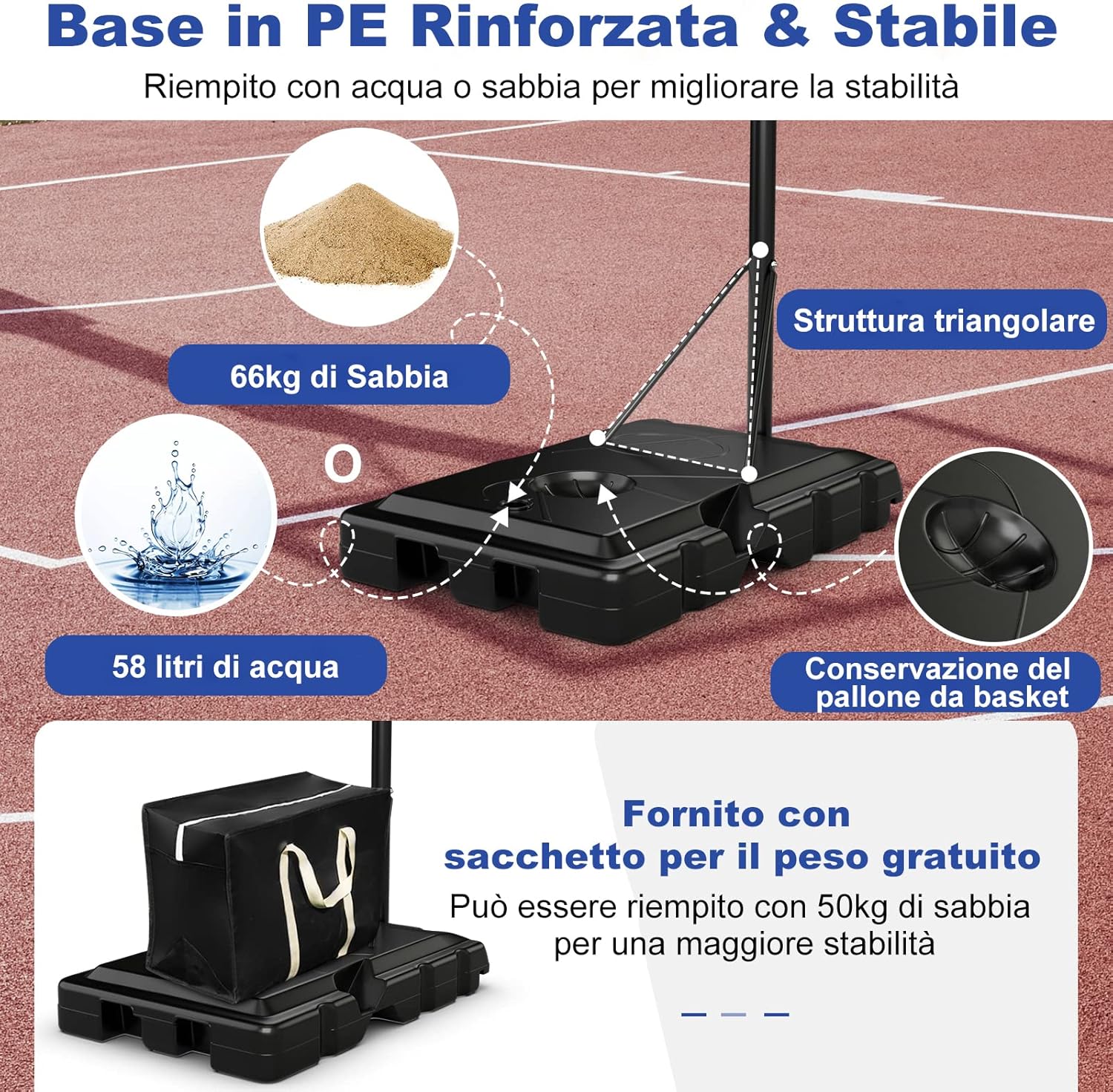 Canestro Basket da Interno ed Esterno per Adulti, Canestro da Basket Professionale e Regolabile in Altezza da 245 a 305 cm con Tabellone da 111cm, Base Riempibile e 2 Ruote