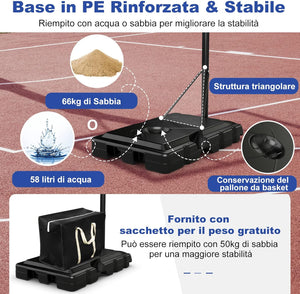 Canestro Basket da Interno ed Esterno per Adulti, Canestro da Basket Professionale e Regolabile in Altezza da 245 a 305 cm con Tabellone da 111cm, Base Riempibile e 2 Ruote
