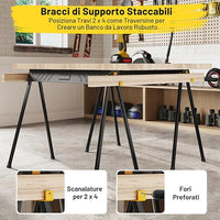 Set di 2 Cavalletti da Lavoro, Cavalletti Pieghevoli e Portatili in Metallo Resistente con Bracci di Supporto Rimovibili 2 x 4, Portata 1000 kg, Supporto per Sega per Officina