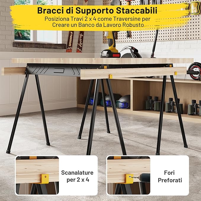 Set di 2 Cavalletti da Lavoro, Cavalletti Pieghevoli e Portatili in Metallo Resistente con Bracci di Supporto Rimovibili 2 x 4, Portata 1000 kg, Supporto per Sega per Officina