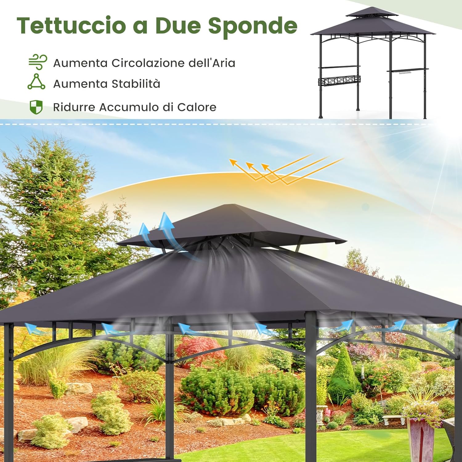Gazebo per Barbecue, Pergola per BBQ con 2 Ripiani Laterali, Cestino, Ganci Appendiutensili, Apribottiglie, Copertura a 2 Livelli, per Giardino e Cortile, 242 x 153 x 250 cm (Grigio Scuro)