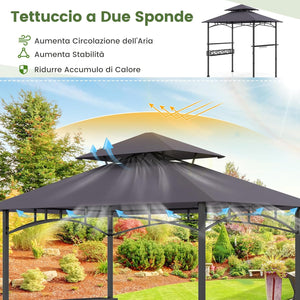 Gazebo per Barbecue, Pergola per BBQ con 2 Ripiani Laterali, Cestino, Ganci Appendiutensili, Apribottiglie, Copertura a 2 Livelli, per Giardino e Cortile, 242 x 153 x 250 cm (Grigio Scuro)