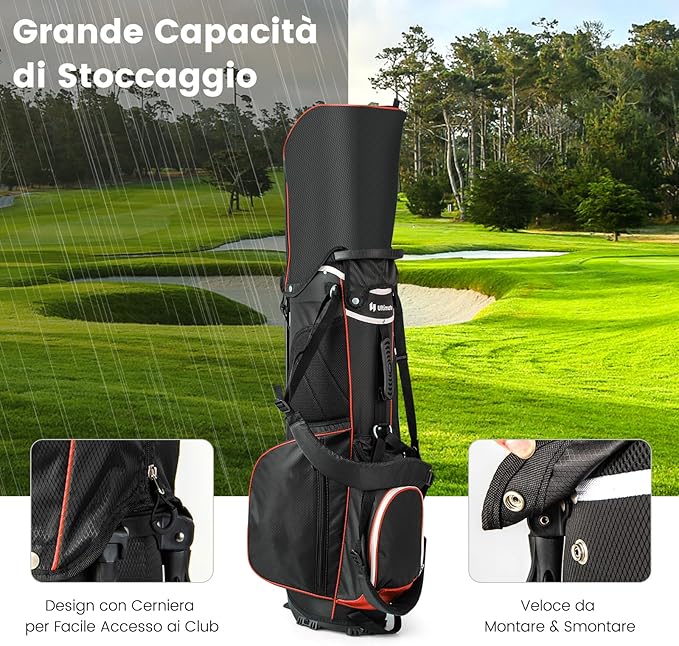 Sacca per Mazze da Golf, Borsa da Golf con Supporto, Divisori a 14 Vie, 6 Tasche, Borsa Frigo, Doppia Tracolla e Cappuccio Antipioggia, Ideale per Uomini e Donne