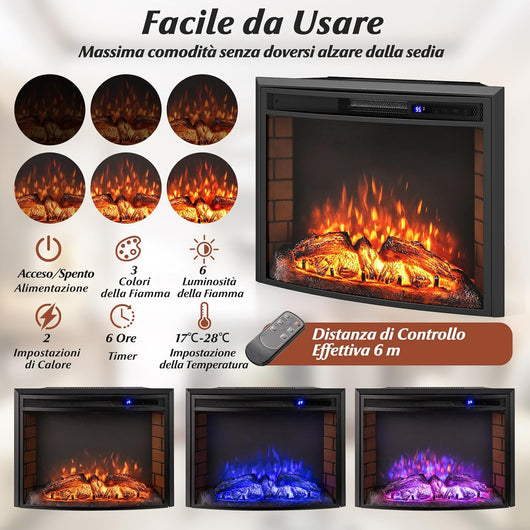 Camino Elettrico, 750W/1500W Caminetto Elettrico Curvo con Telecomando, Effetto Fiamma Realistico e Regolabile, Timer e Protezione da Surriscaldamento