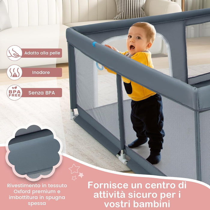 Recinto per Bambini, Box per Bambini con Rete Traspirante, Centro Attività per Bambini con 50 Palline, Box Giochi per Bambini 0-3 Anni (Grigio, 200 x 180 cm)