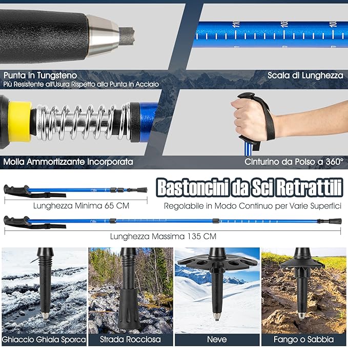 Set 4 in 1 Ciaspole da Neve 53/63/78 cm per Uomini, Donne e Ragazzi con Sistema di Fissaggio, Telaio in Alluminio, Bastoncini da Trekking, Ghette Gambe Impermeabile e Borsa