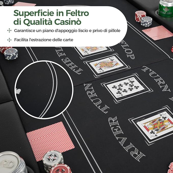 Tavolo da Poker Pieghevole 182 cm per 8 Giocatori, Tavolo da Gioco Ovalo con Supporti per Bicchieri, Rivestimenti Imbottiti, per Blackjack, Texas Hold’em, Giochi da Casinò (Nero)