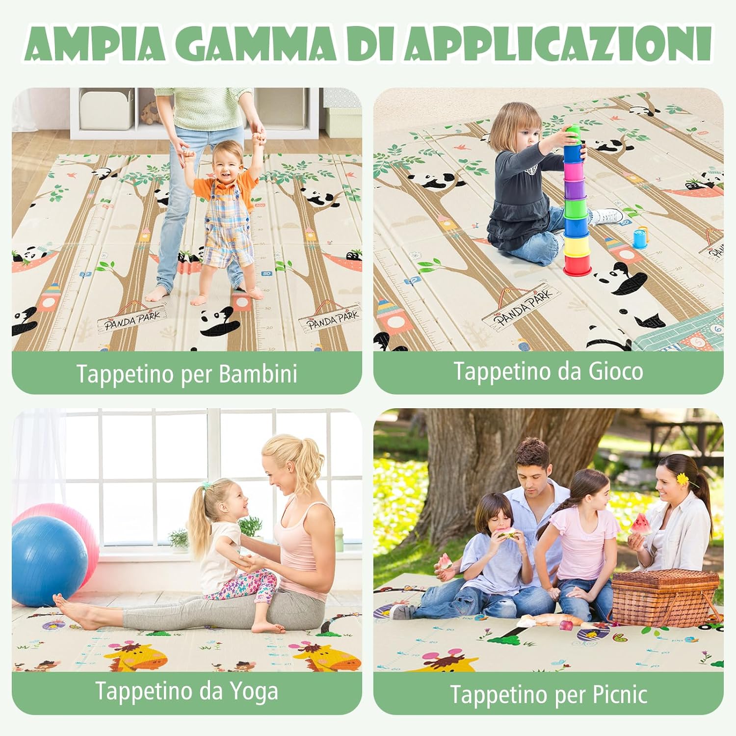 Tappeto Gioco per Bambini Pieghevole, Tappeto per Pavimento Grande da 200 x 180 cm con Borsa da Trasporto per Interni ed Esterni, Tappeto Impermeabile e Reversibile per Bambini, Neonati