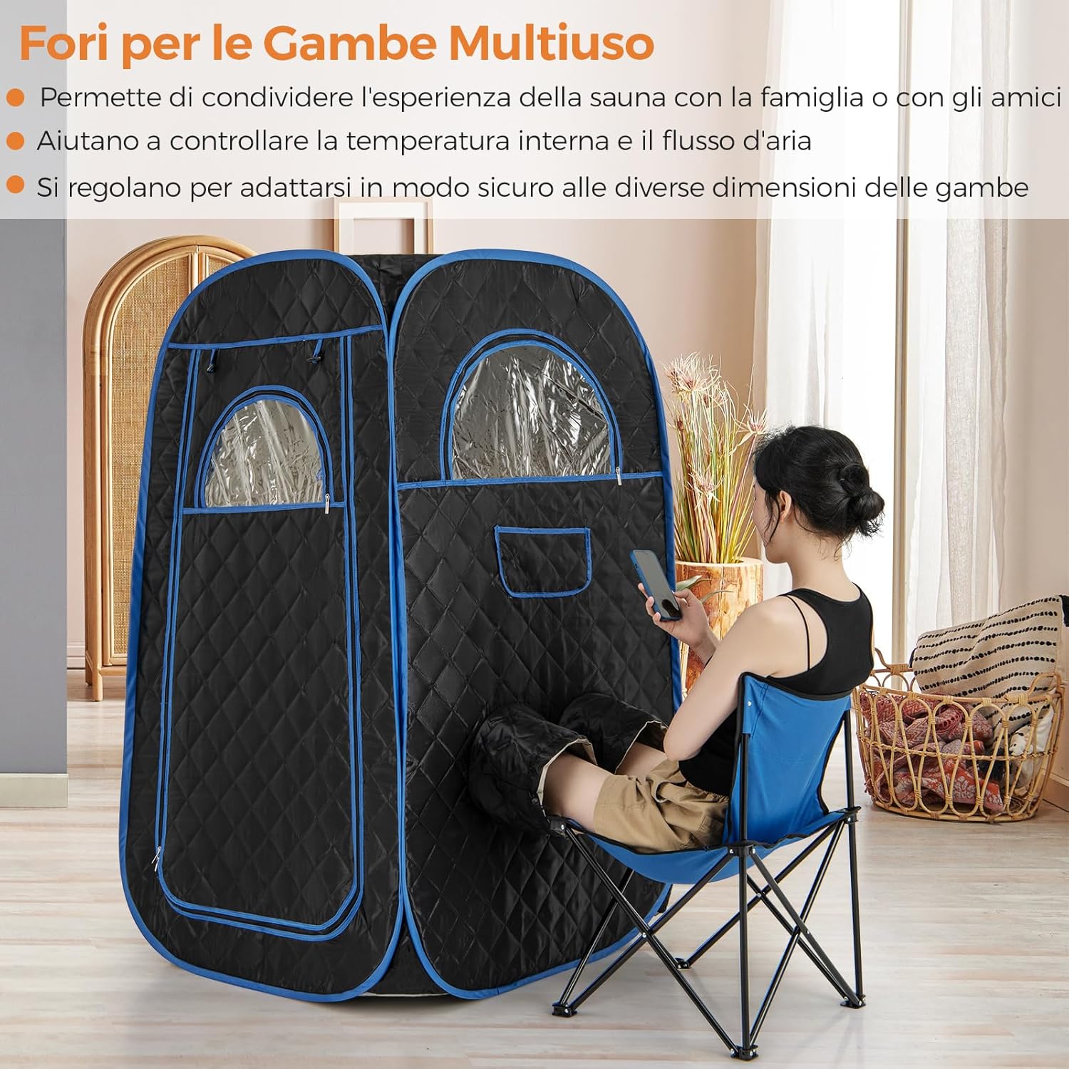 Sauna a Vapore Portatile 3L, Sauna da Casa con 9 Livelli di Regolazione della Temperatura da 40-65℃, Telecomando, Sedia Pieghevole e Massaggiatore per Piedi in Legno (Nero)