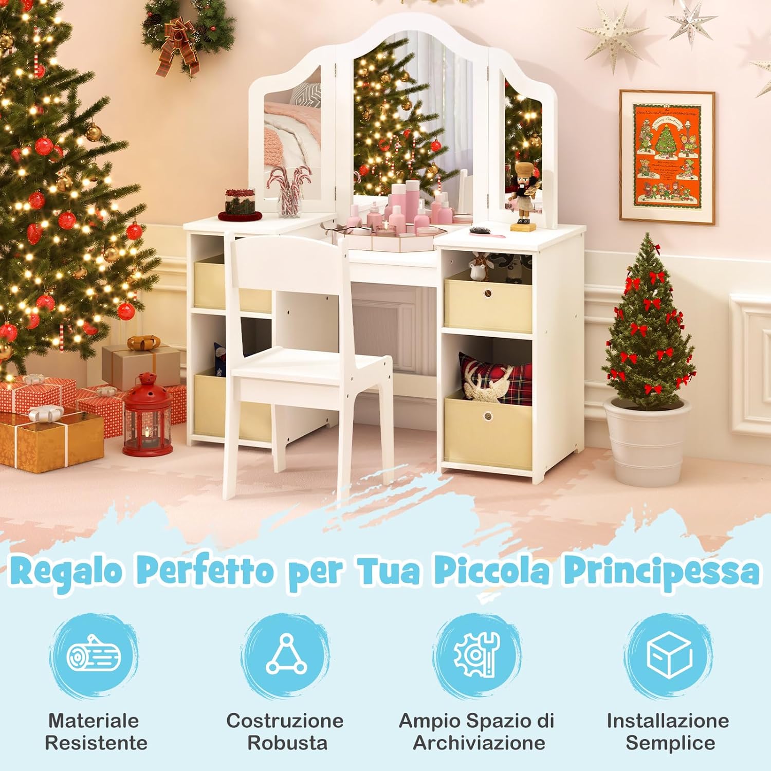 Toeletta Trucco 2 in 1 per Bambina, Specchiera Staccabile per Ragazza in Legno Robusto con 4 Cassetti in Tessuto, Sgabello e Specchio, Postazione Trucco per 3 Anni, 104 x 40 x 117 cm (Bianco)