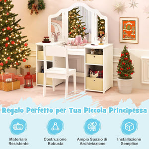 Toeletta Trucco 2 in 1 per Bambina, Specchiera Staccabile per Ragazza in Legno Robusto con 4 Cassetti in Tessuto, Sgabello e Specchio, Postazione Trucco per 3 Anni, 104 x 40 x 117 cm (Bianco)