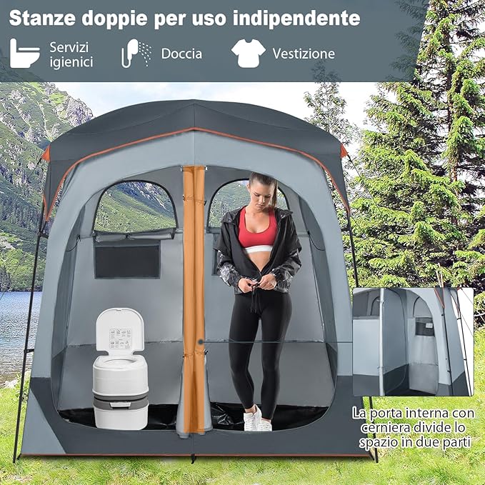 Tenda Spogliatoio da Esterno a 2 Stanze, Tenda da Doccia da Campeggio con Parapioggia Rimovibile, Stendibiancheria e Borsa, Tenda per WC Doccia per Campeggio, Spiaggia e Pesca(Grigio)
