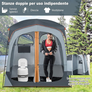Tenda Spogliatoio da Esterno a 2 Stanze, Tenda da Doccia da Campeggio con Parapioggia Rimovibile, Stendibiancheria e Borsa, Tenda per WC Doccia per Campeggio, Spiaggia e Pesca(Grigio)