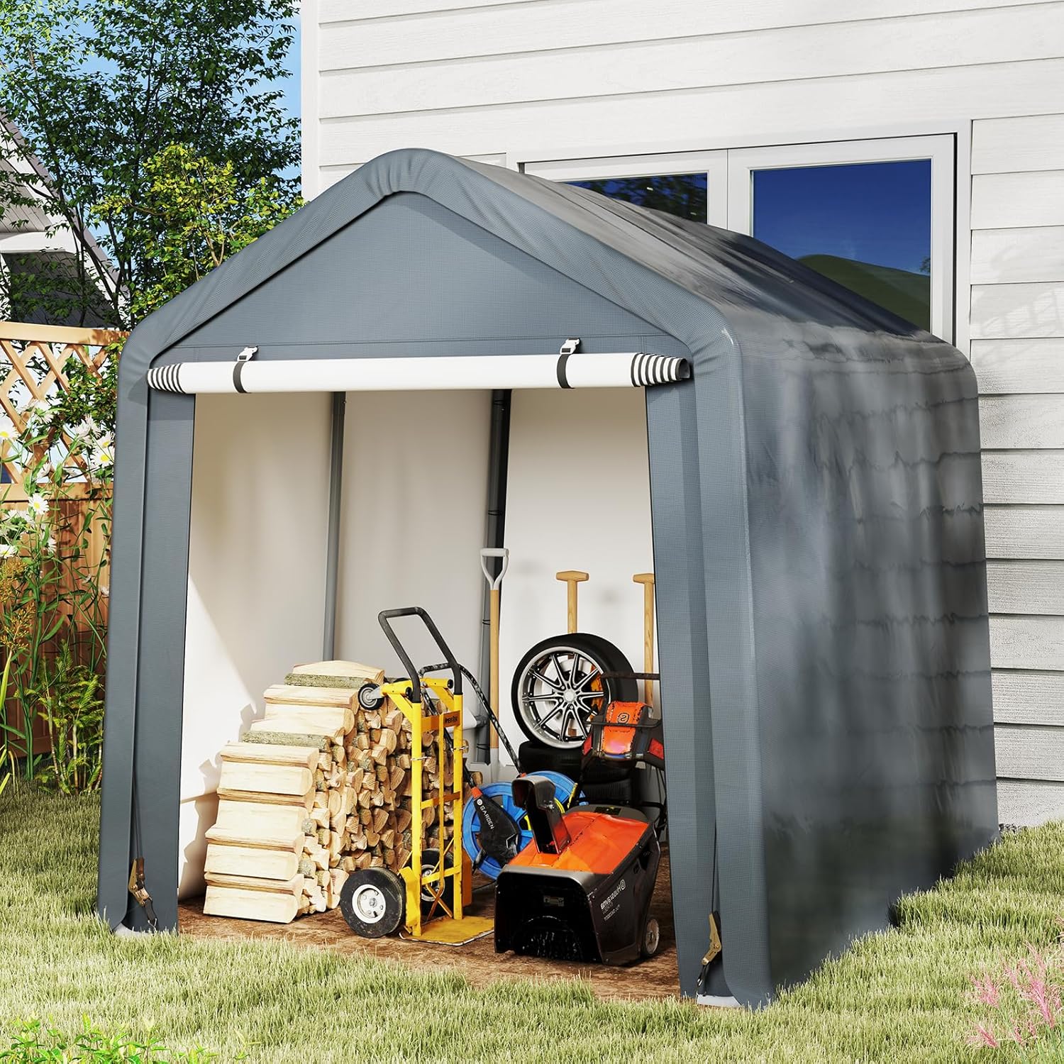 Tenda Garage per Moto e Bicicletta Impermeabile, Cappanone da Esterno con Porta a Cerniera Arrotolabile, Tendone Deposito da Giardino Multiuso per Attrezzi, 240 x 195 x 214 cm