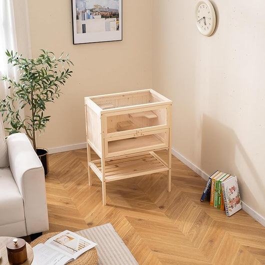 Gabbia per Criceti, Gabbia Criceti in Legno con Tetto a Rete, Aree Multiscala, Rampe, Ripiano Inferiore, Pannello in Acrilico, Porta Bloccabile, 60 x 40 x 80 cm