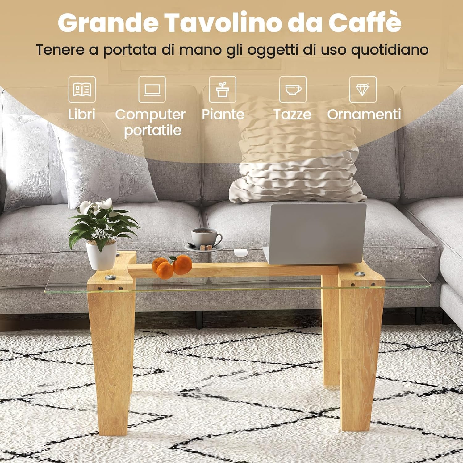 Tavolino da Caff¨¨ per Salotto, Tavolino Rettangolare in Vetro Temperato e Legno Massicio di Gomma, Tavolino da Divano Moderno per Soggiorno, 100 x 50 x 41 cm, Naturale