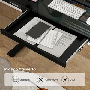 Scrivania Regolabile in Altezza con Cassetto, Scrivania con Piano in Vetro, 2 Posizioni di Memoria e Porte USB Tipo-C, Scrivania per Ufficio e Casa, 120 x 60 x 73-118 cm (Nero)