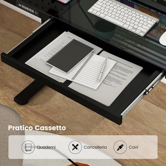 Scrivania Regolabile in Altezza con Cassetto, Scrivania con Piano in Vetro, 2 Posizioni di Memoria e Porte USB Tipo-C, Scrivania per Ufficio e Casa, 120 x 60 x 73-118 cm (Nero)