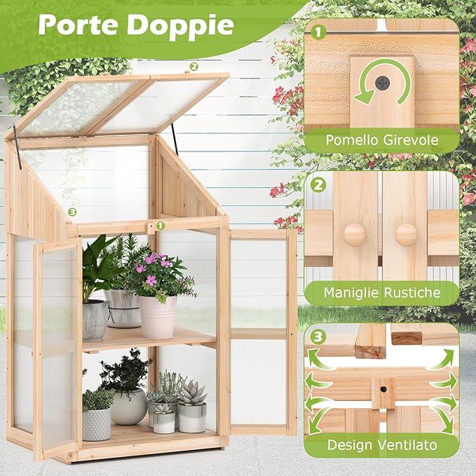 Serra da Balcone, Serra in Legno con Ripiano Fiori Rialzato, Tetto Trasparente Apribile, Porta Bloccabile e Ripiani Rimovibili, per Giardino e Cortile, 69 x 58 x 121 cm
