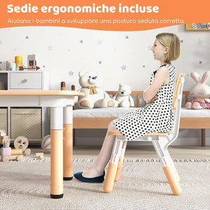 Set Tavolo e 4 Seide per Bambini, Scrivania Regolabile in Altezza con Piano Graffiti, Gambe Antiscivolo, Mobile Multifuzione con 4 Posti per Cameretta, Asilo e Scuola (Naturale)
