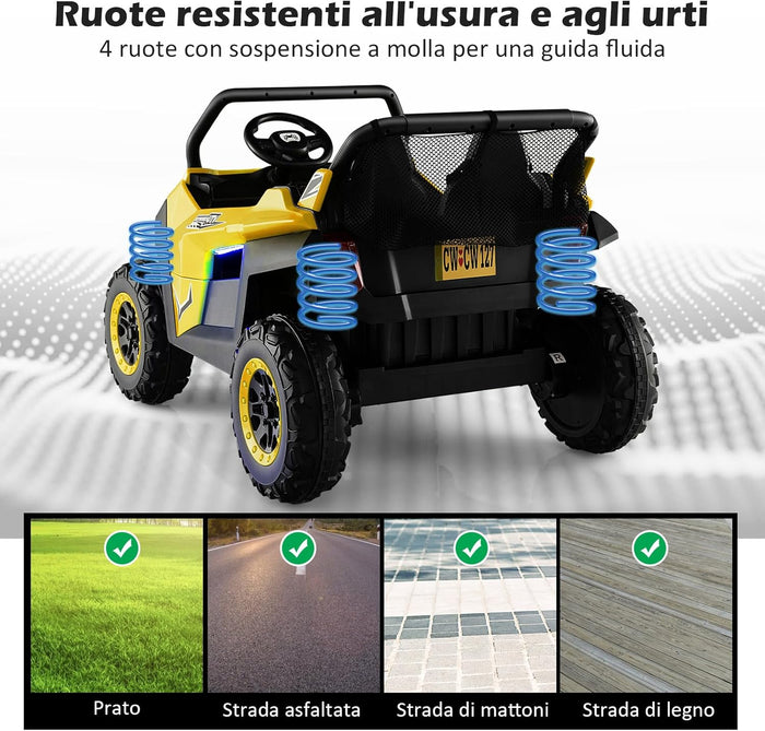 12V Auto Elettrico per Bambini, Macchina Fuoristrada a 2 Posti, Macchina Elettrica con Luci Suoni, Regalo per Bambini 3-8 Anni, 118x74x71 cm (Giallo)