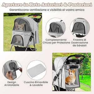 Passeggino per Cani Piccoli Pieghevole, Fino a 15 kg, Ruote 360° con Freni, Cuscino, Porta Doppio, Finestre, Cestino, Portabicchieri, Carrozzina Portatile (Grigio)