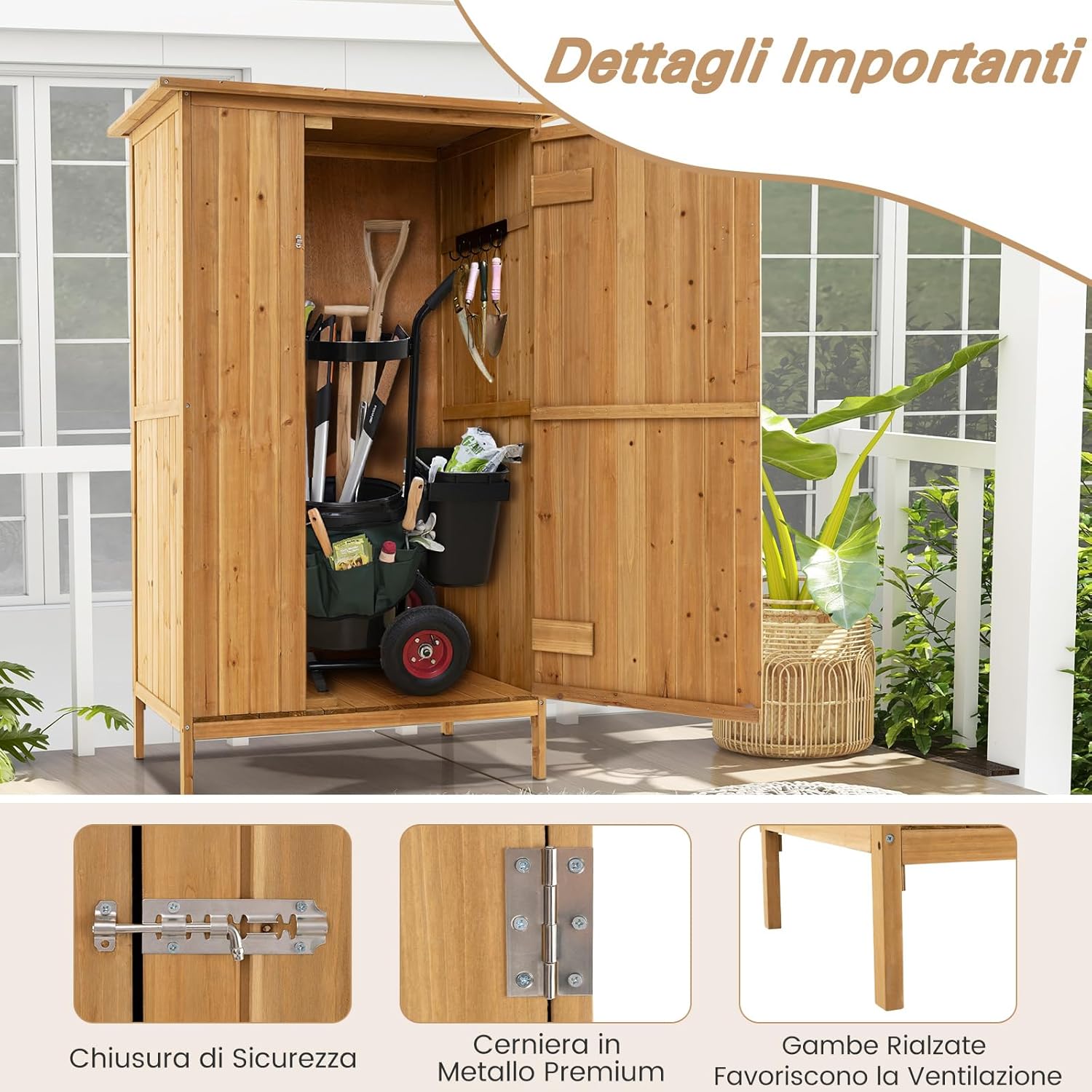 Armadio da Esterno, Casetta Porta Attrezzi da Giardino in Legno con Tetto in Asfalto, 3 Ripiani, Porta con Serratura e 5 Ganci, Ripostiglio per Balcone, Patio e Giardino, 91 × 66 × 150 cm