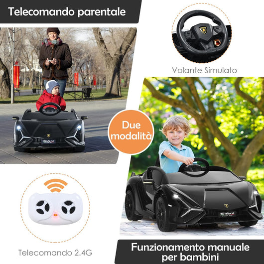 Macchina Elettrica Lamborghini per Bambini da 12V, Veicolo Elettrico Cavalcabile con Luci LED MP3 Telecomando, Fino a 5km/h, +3 Anni (Nero)