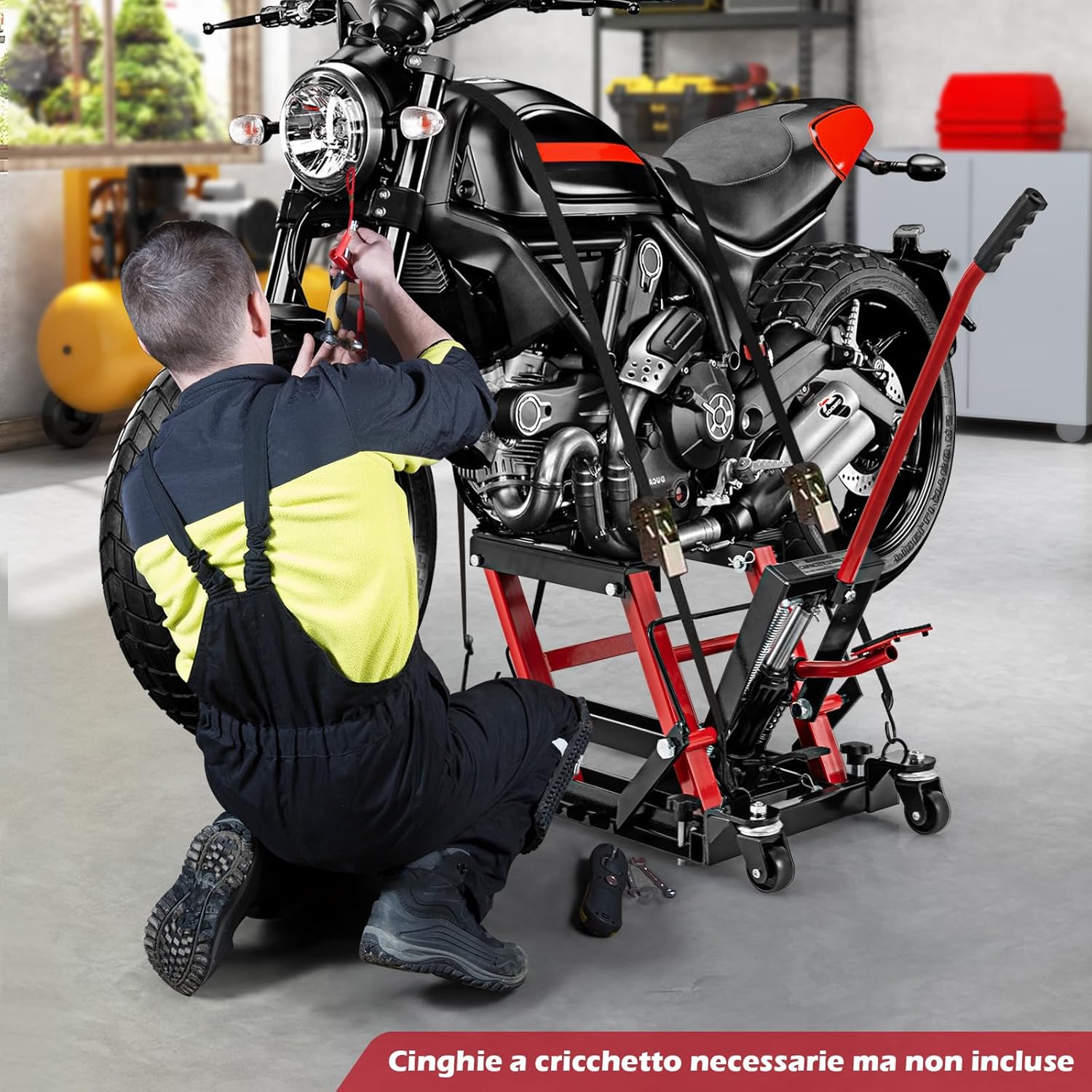 Ponte Sollevatore Idraulico per Moto, Sollevatore Motociclette Fino a 680 kg, Cric Alzamoto con Ruote e Piattaforma Regolabile in Altezza a Pedale Resistente per ATV, UTV per Officina (Rosso)