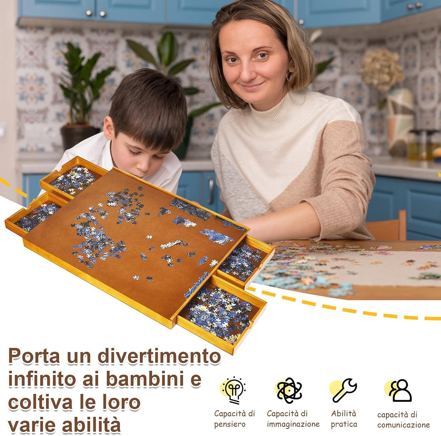 Tavolo da Puzzle, con 4 Cassetti e Vassoio Scorrevole per Puzzle, per Bambini e Adulti, di Legno, 65x80x6,55 cm