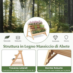 Letto Rialzato da Giardino a 3 Livelli, Fioriera Verticale in Legno con Ripiano, 2 Ganci e 3 Fodere per Letti, Aiuola Rialzata per Patio, Balcone, Naturale