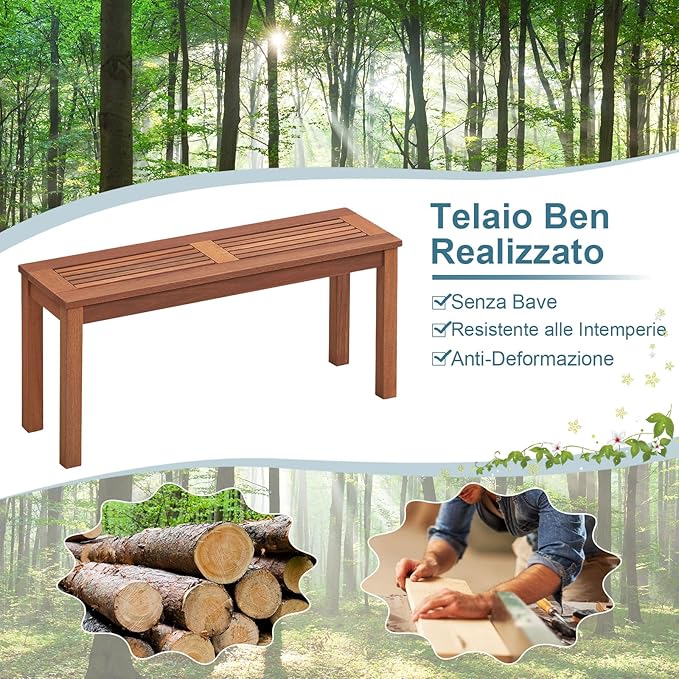 Panchina da Giardino 100 x 30,5 x 47cm, Set di Panca in Legno Massello da Esterno con Sedile a Doghe e Robusto Telaio, Arredo per Balcone e Ingresso, Naturale (1)