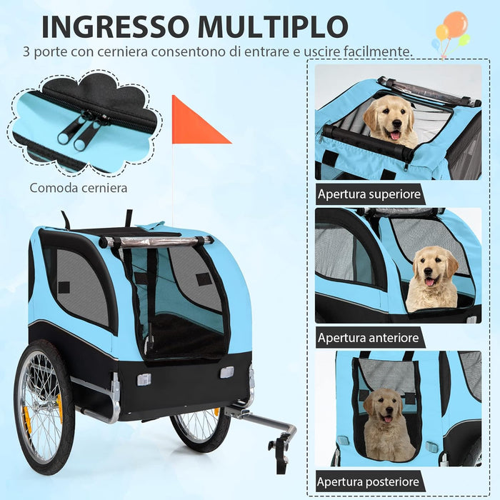 Rimorchio Bici per Animali, Carrello per Bicicletta per Cani di Piccola e Media Taglia con Ruote da 50cm e Tettuccio Apribile, Portata 40 kg, 60,5 x 135 x 95 cm (Azzurro)
