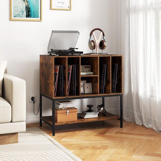 Supporto per Giradischi con Stazione di Ricarica, Credenza per Giradischi con Spazio per Album, Tavolino Porta-Vinili con Scaffali per CD per Soggiorno e Sala Musica (Marrone)