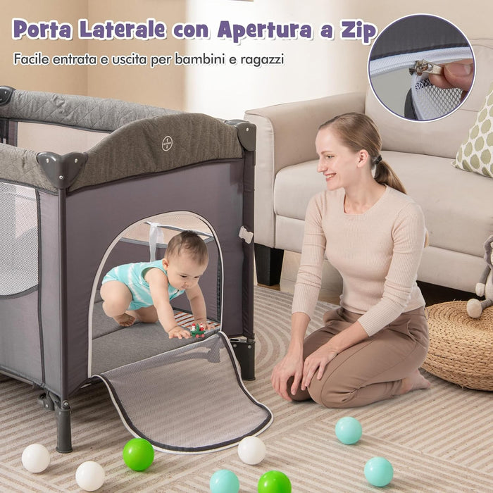 5-in-1 Lettino da Campeggio con Materasso, Lettino per Bambini con Fasciatoio, Lettino Pieghevole e Portabile, Altezza Regolabile in 5 Livelli, per Bambini 0-36 Mesi (Grigio+Grigio Scuro)