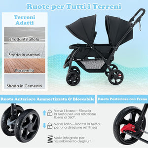 Passeggino Doppio Pieghevole per Bambini, Passeggino Gemellare Pieghevole, con Seduta in Tandem e Tettuccio, Schienale Regolabile, Ruote Bloccabili e Antiurto, Portata Totale 30 kg (Nero)