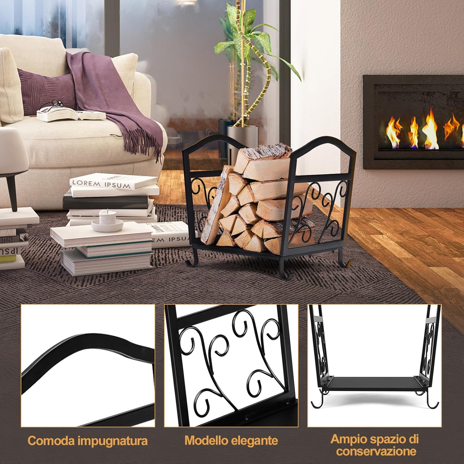 Porta Legna da Ardere per Interni ed Esterni, Portelegna in Metallo con Piedini Rialzati e Motivi Eleganti, Porta Ceppi Decorativi per Caminetti, 43 x 32,5 x 40 cm
