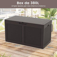 Baule da Esterno 380 L Impermeabile, Cassapanca Contenitore in Rattan con Coperchio Bloccabile e Ruote, Baule Salvaspazio per Mantenere Cuscini e Attrezzi da Interno e Esterno (Marrone)
