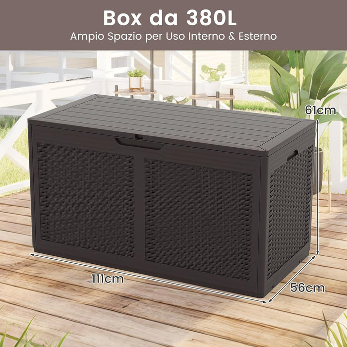 Baule da Esterno 380 L Impermeabile, Cassapanca Contenitore in Rattan con Coperchio Bloccabile e Ruote, Baule Salvaspazio per Mantenere Cuscini e Attrezzi da Interno e Esterno (Marrone)
