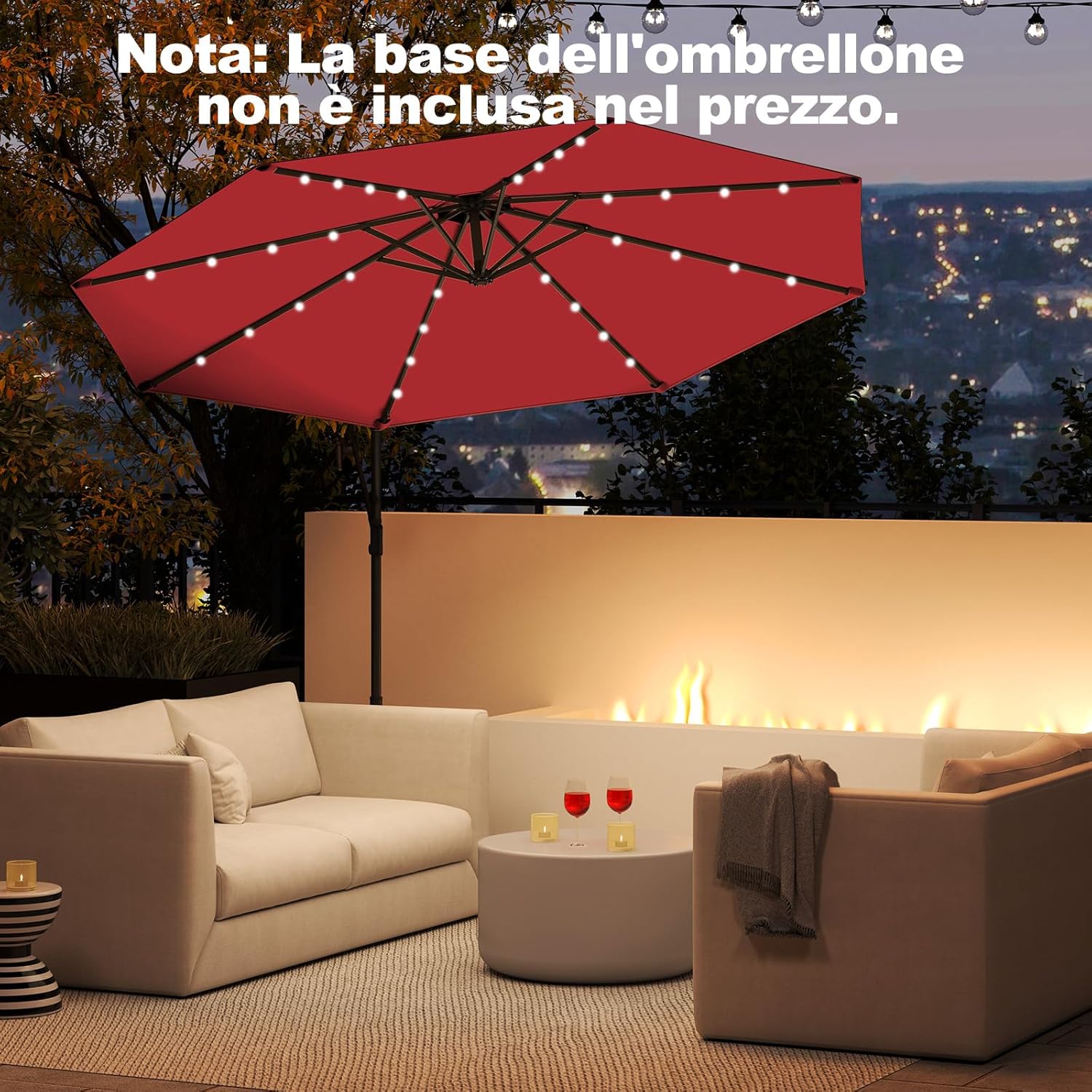 Ombrellone da Giardino ∅300 cm con 32 Luci LED, Ombrellone Prendisole con Rotazione di 360°, Inclinazione Regolabile, 8 Stecche, Manovella, per Giardino Piscina Cortile (Borgogna)
