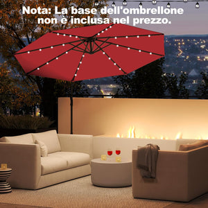Ombrellone da Giardino ∅300 cm con 32 Luci LED, Ombrellone Prendisole con Rotazione di 360°, Inclinazione Regolabile, 8 Stecche, Manovella, per Giardino Piscina Cortile (Borgogna)