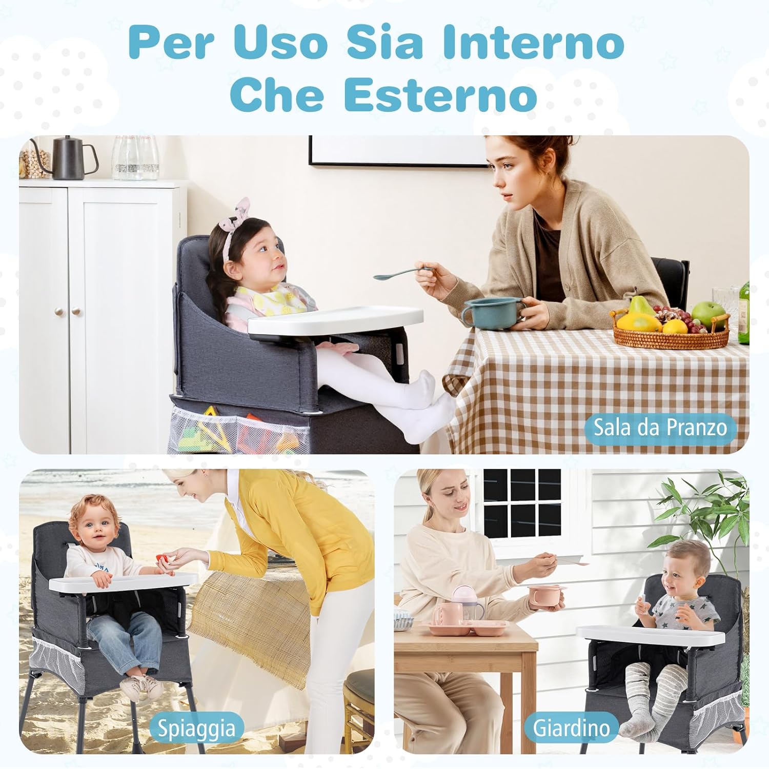 Seggiolone Pieghevole per Bambini, Seggiolone Salvaspazio con Vassoio Regolabile a 2 Livelli, Cintura di Sicurezza, Aperture Regolabili per Gambe, Tasche, per Bambini 6-36 Mesi