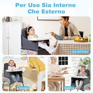 Seggiolone Pieghevole per Bambini, Seggiolone Salvaspazio con Vassoio Regolabile a 2 Livelli, Cintura di Sicurezza, Aperture Regolabili per Gambe, Tasche, per Bambini 6-36 Mesi