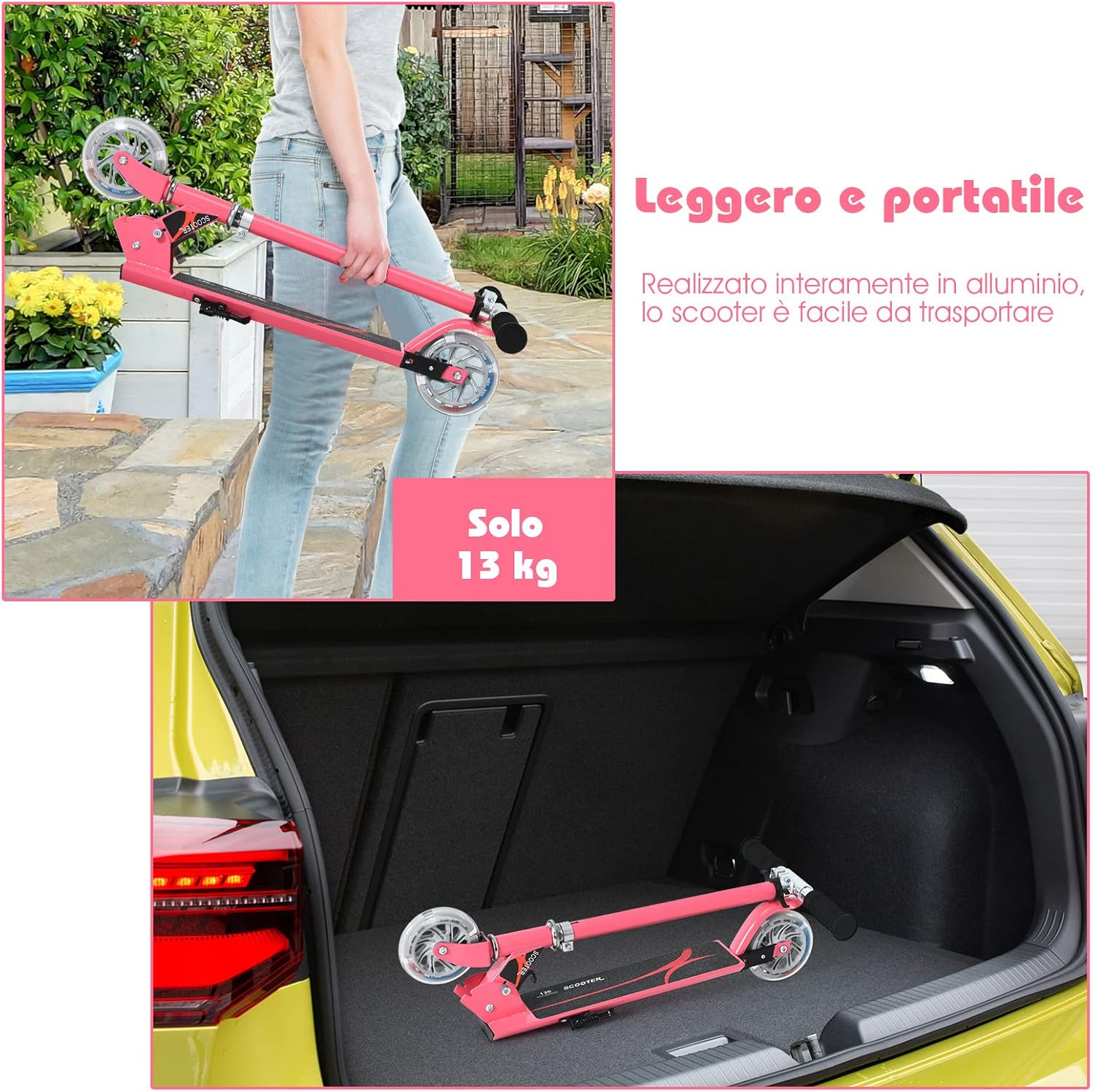 Monopattino Bambini, Monopattini a Spinta Pieghevole e Regolabile in 3 Altezze, con 2 Ruote Lampeggianti, Freno e Cavalletto, Portata 70 kg