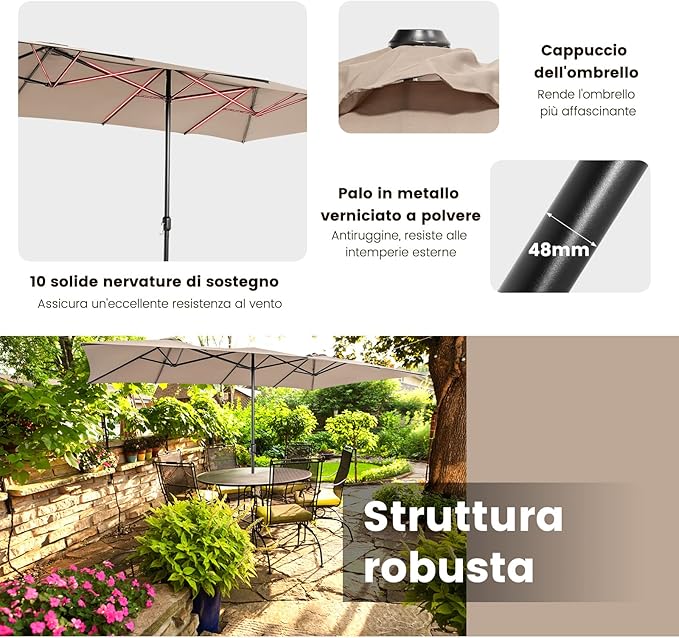 Ombrellone da Giardino Doppia Faccia 426 cm con Manovella, Tetti Ventilati, Grande Ombrellone da Esterno con Palo Metallica e 10 Stecche, per Patio Piscina Giardino (Caffè)