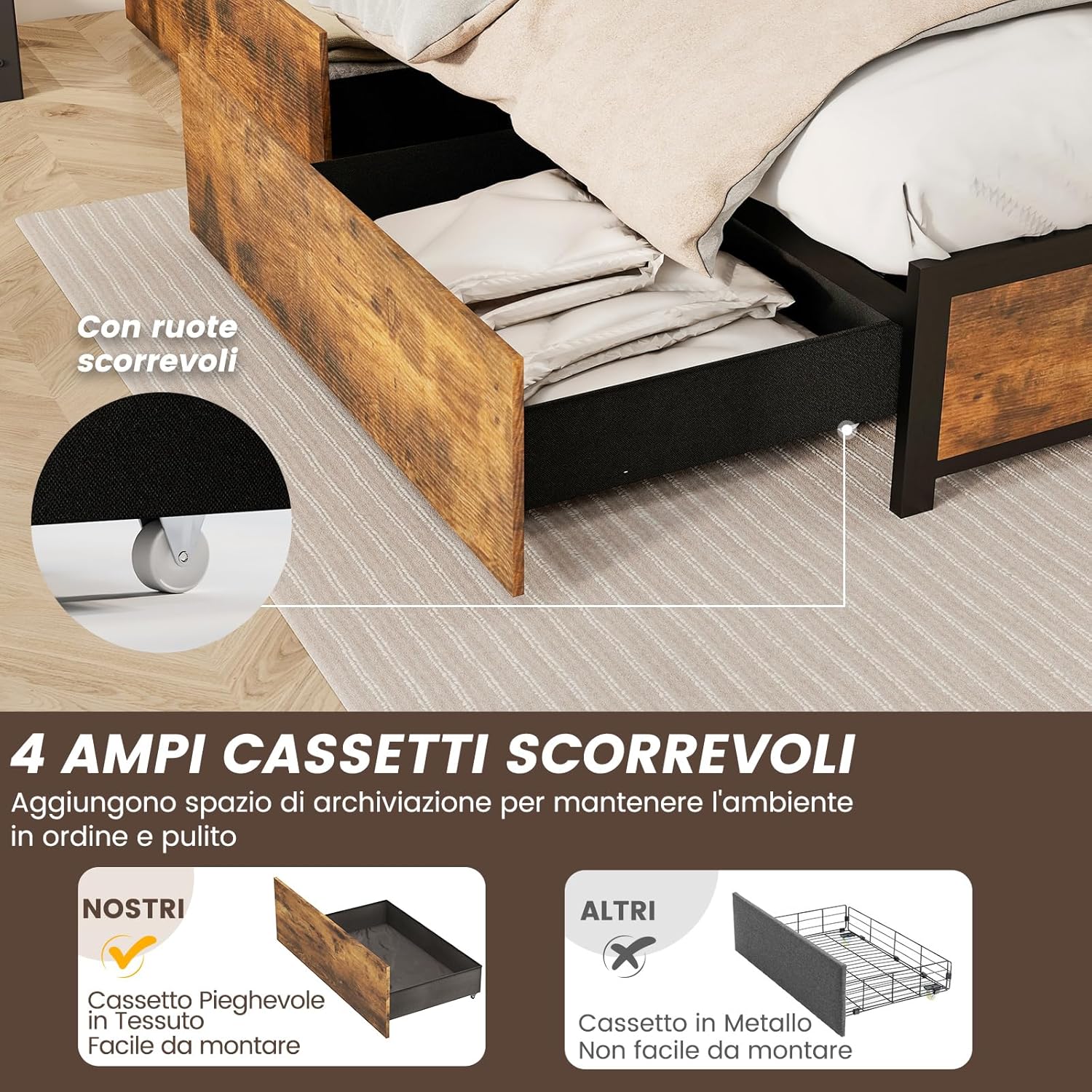 Letto con 4 Cassetti e Testiera, Struttura Letto 200x160 cm con Luci LED Regolabile e Presa Multipla, Carico Massimo 300kg, Silenzioso (200x160 cm)