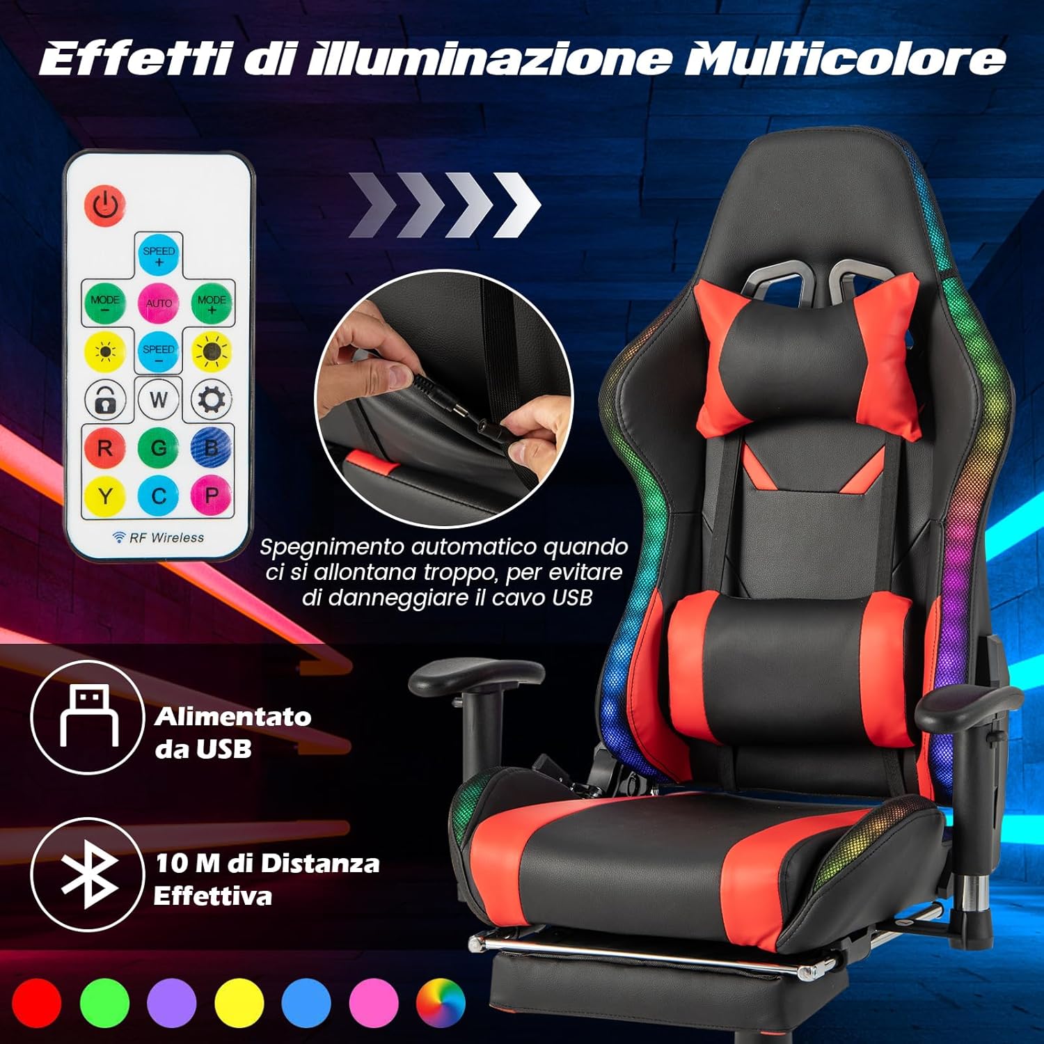 Sedia da Ufficio Ergonomica per Computer con Altezza Regolabile, Sedia da Gaming con Luci RGB LED, Schienale e Braccioli Regolabili, Poggiapiedi Estraibile e Supporto Lombare (Rosso)