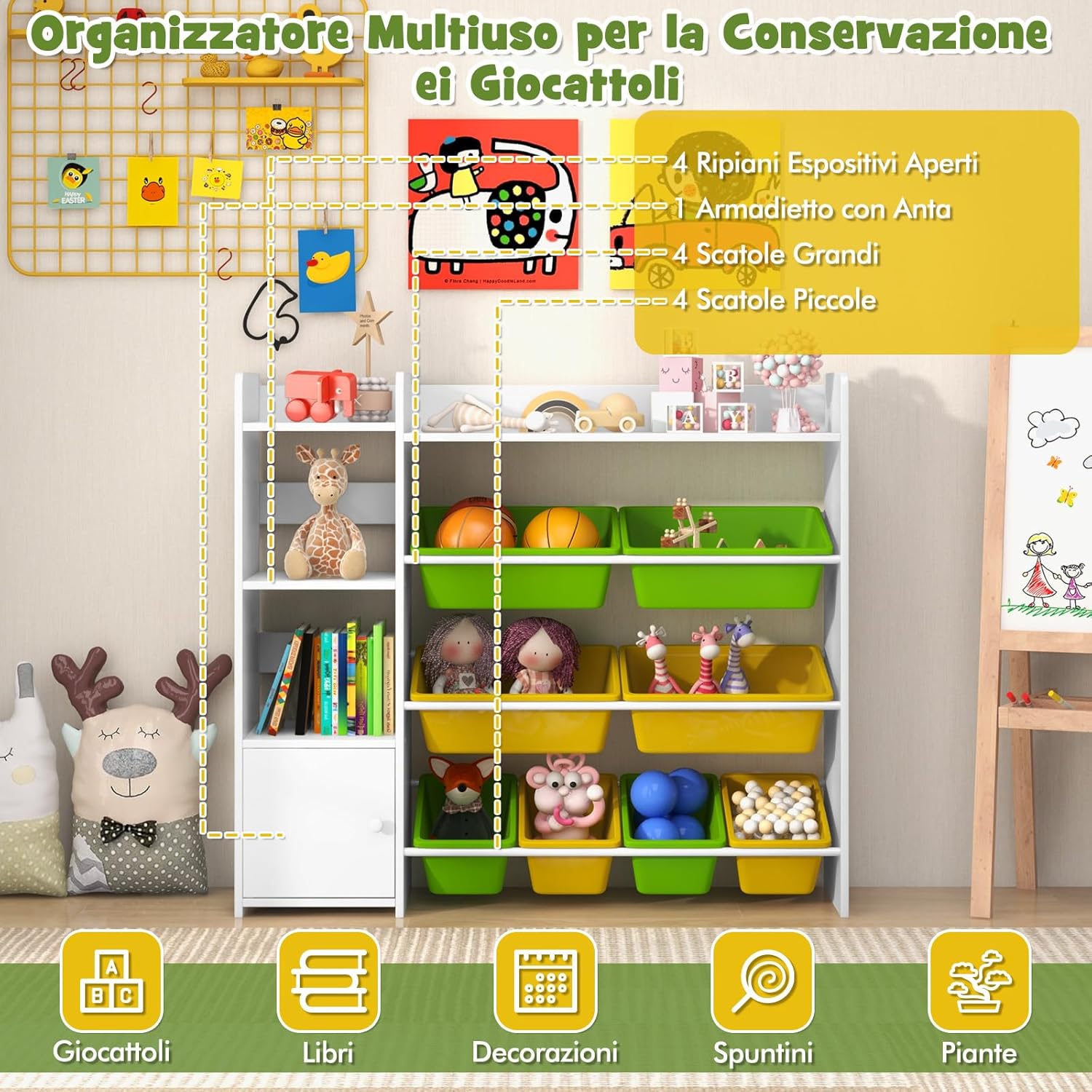 Mobile Porta Giochi per Bambini, Libreria e Scaffale per Giocattoli a 4 Livelli con 8 Contenitori 1 Anta, Libreria Multiuso per Bambini per Cameretta Soggiorno Asilo Nido