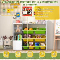 Mobile Porta Giochi per Bambini, Libreria e Scaffale per Giocattoli a 4 Livelli con 8 Contenitori 1 Anta, Libreria Multiuso per Bambini per Cameretta Soggiorno Asilo Nido