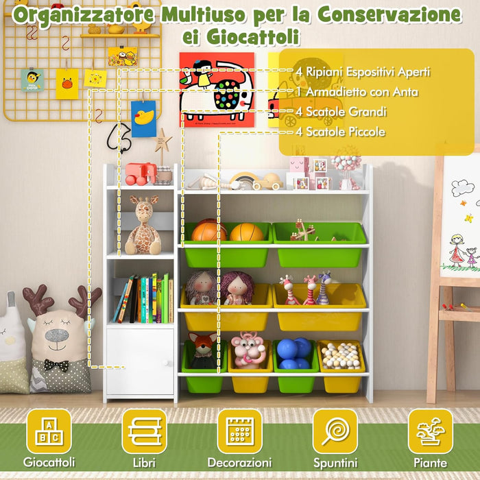 Mobile Porta Giochi per Bambini, Libreria e Scaffale per Giocattoli a 4 Livelli con 8 Contenitori 1 Anta, Libreria Multiuso per Bambini per Cameretta Soggiorno Asilo Nido